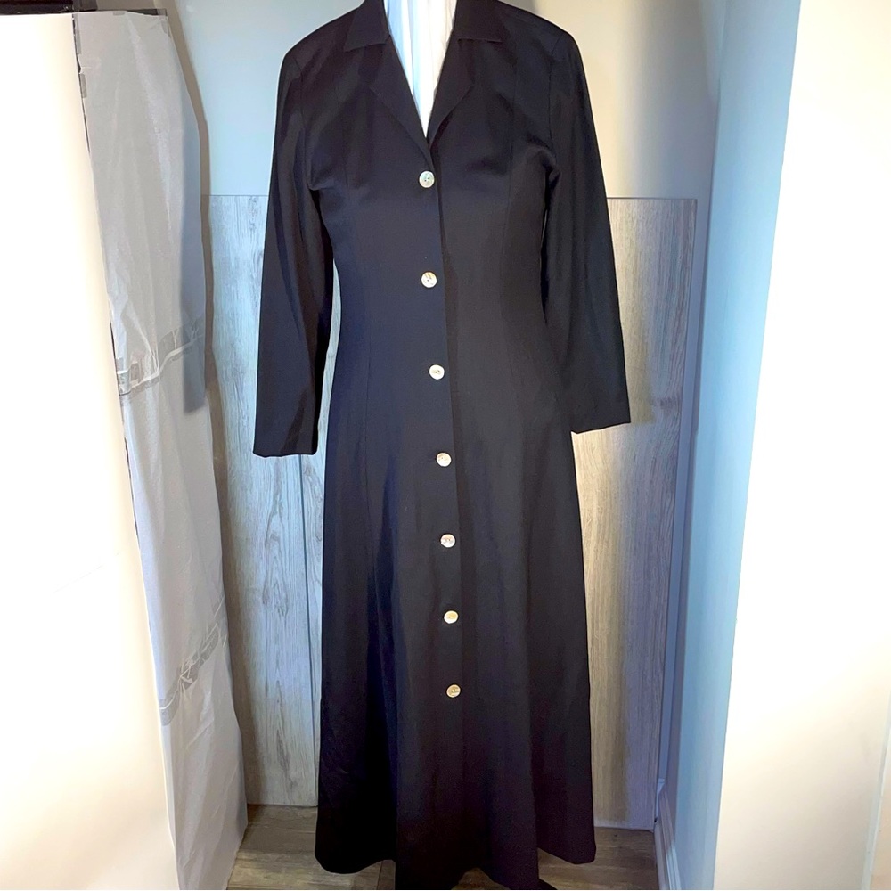 Austin Reed 100% Wool Black Collared Long Sleeve Maxi Dress White Buttons Size 8